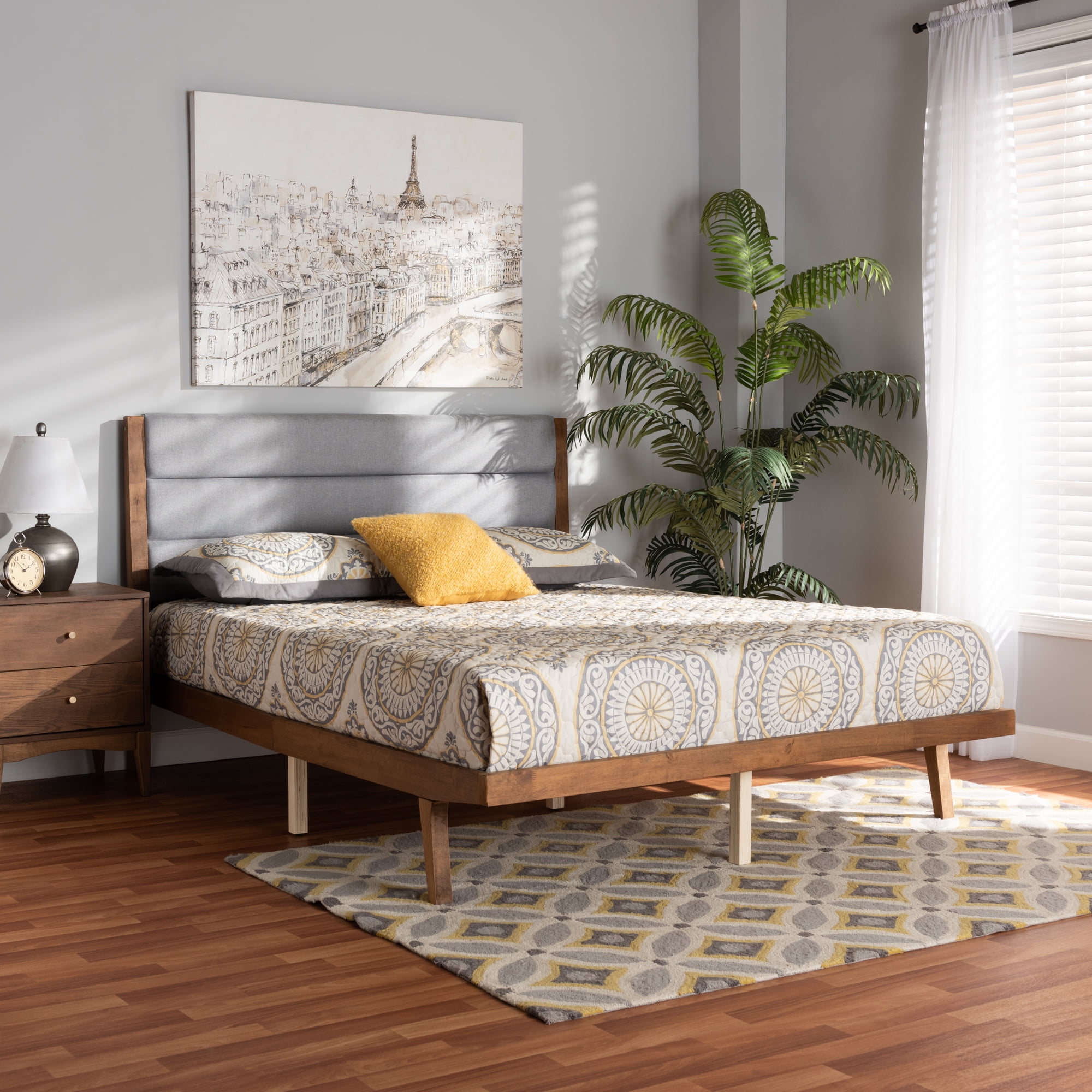 Baxton Studio Jarlan Modern and Contemporary Transitional Gray Fabric Upholstered and Walnut Brown Finished Wood Queen Size Platform Bed