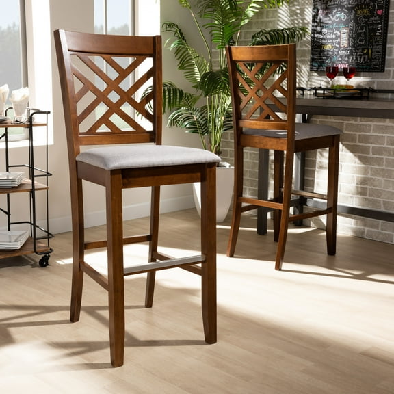 Baxton Studio Jason Modern and Contemporary Grey Fabric Upholstered and Walnut Brown Finished Wood 2-Piece Bar Stool Set