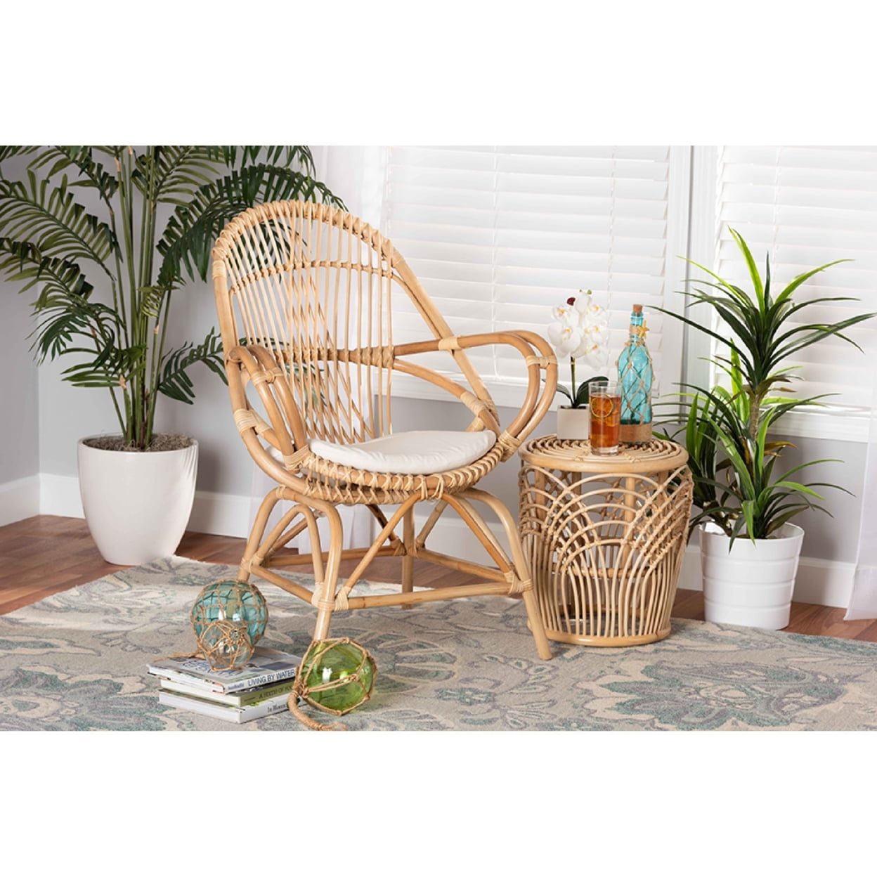 Jayden White Leather and Natural Rattan 31" Accent Chair