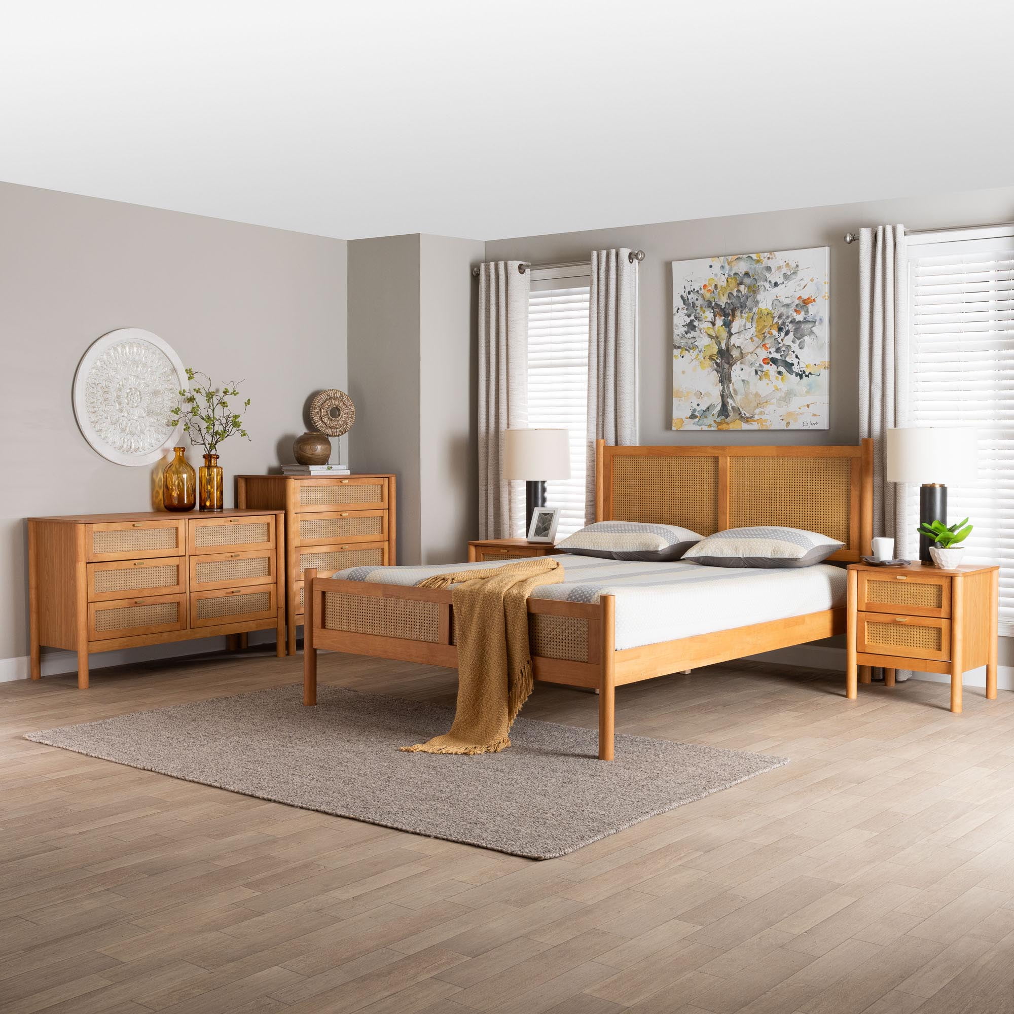 Baxton Studio Jenn Japandi Bedroom Set, 5-Piece, Queen, Golden
