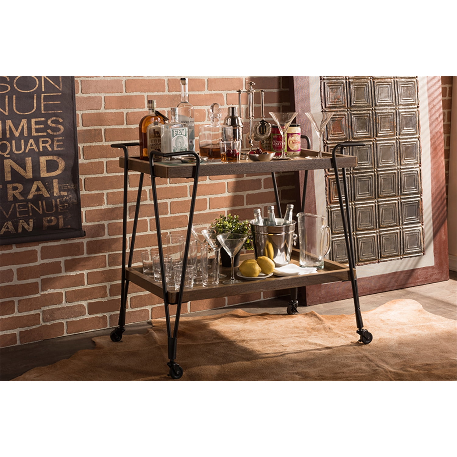 Rustic Industrial Black & Brown Mobile Serving Bar Cart with Wine Rack