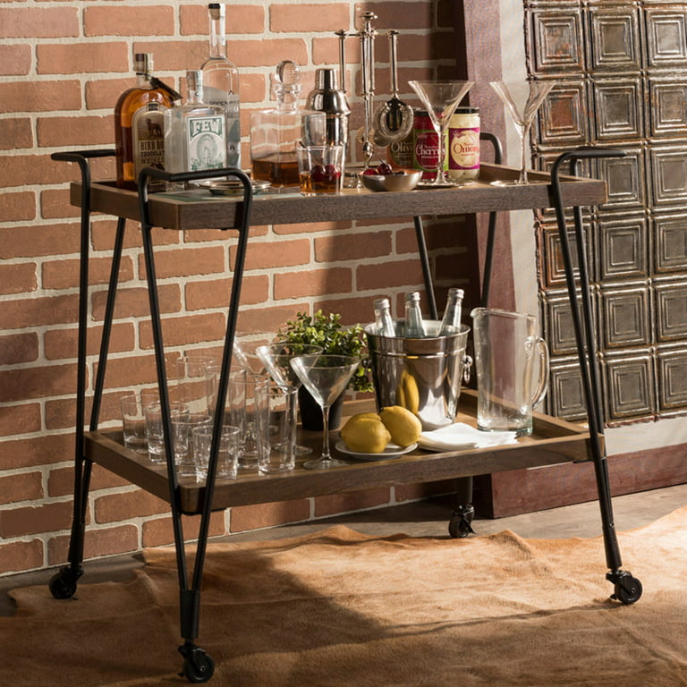 Baxton Studio Jessica Rustic Industrial Style Antique Black Textured Finish  Metal Distressed Ash Wood Mobile Serving Bar Cart 