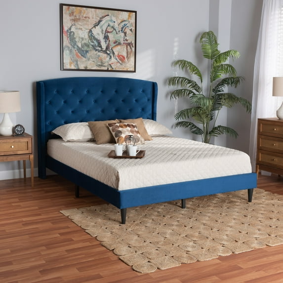 Baxton Studio Joanna Blue Velvet and Dark Brown Wood King Size Platform Bed