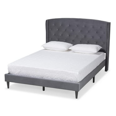 Baxton Studio Joanna Gray Velvet and Dark Brown Wood King Size Platform Bed