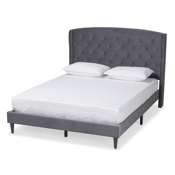 Baxton Studio Grey Velvet Fabric and Dark Brown Finished Wood King Size Platform Bed