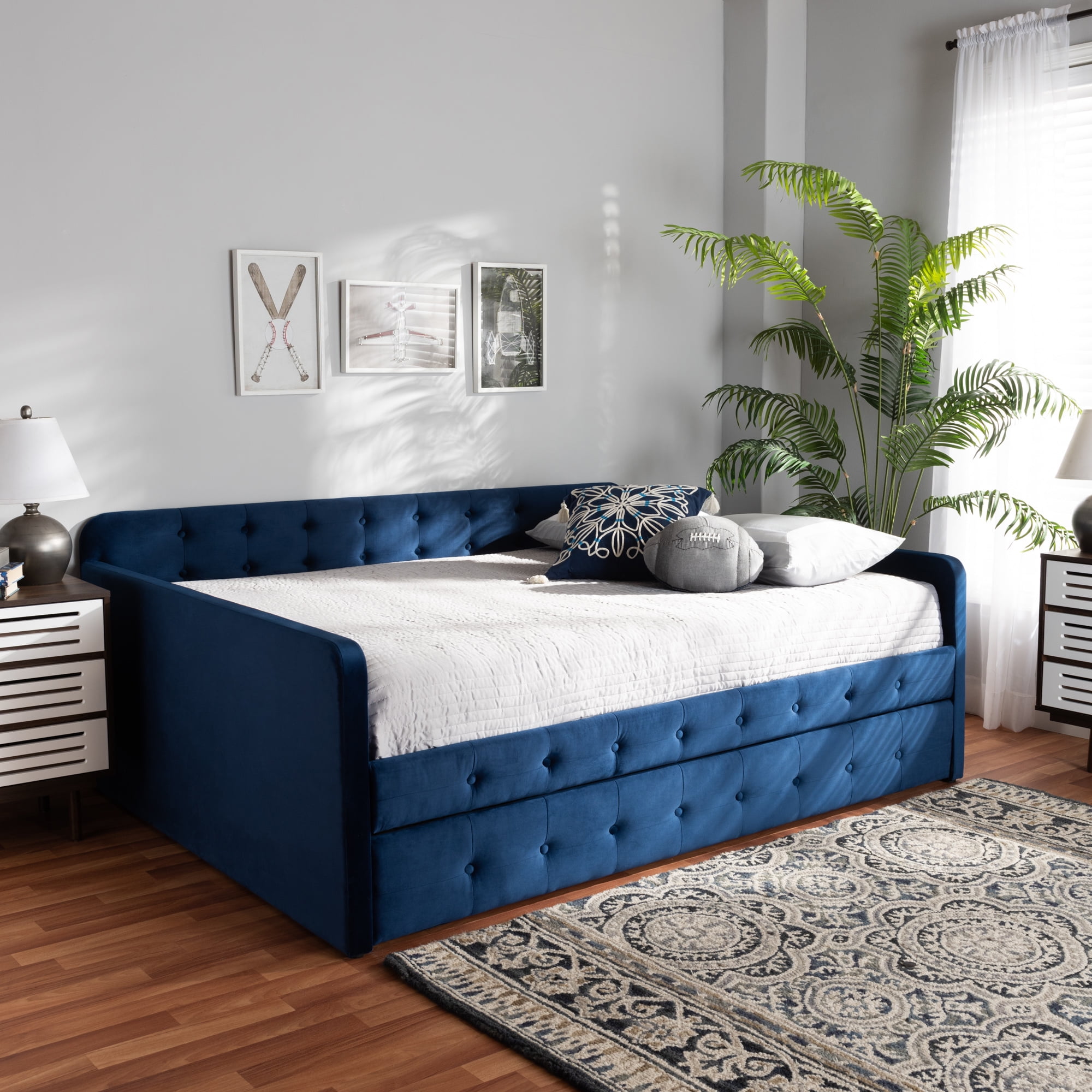 Baxton Studio Jona Kids Modern Daybed with Roll-out Trundle, Navy Blue/Velvet