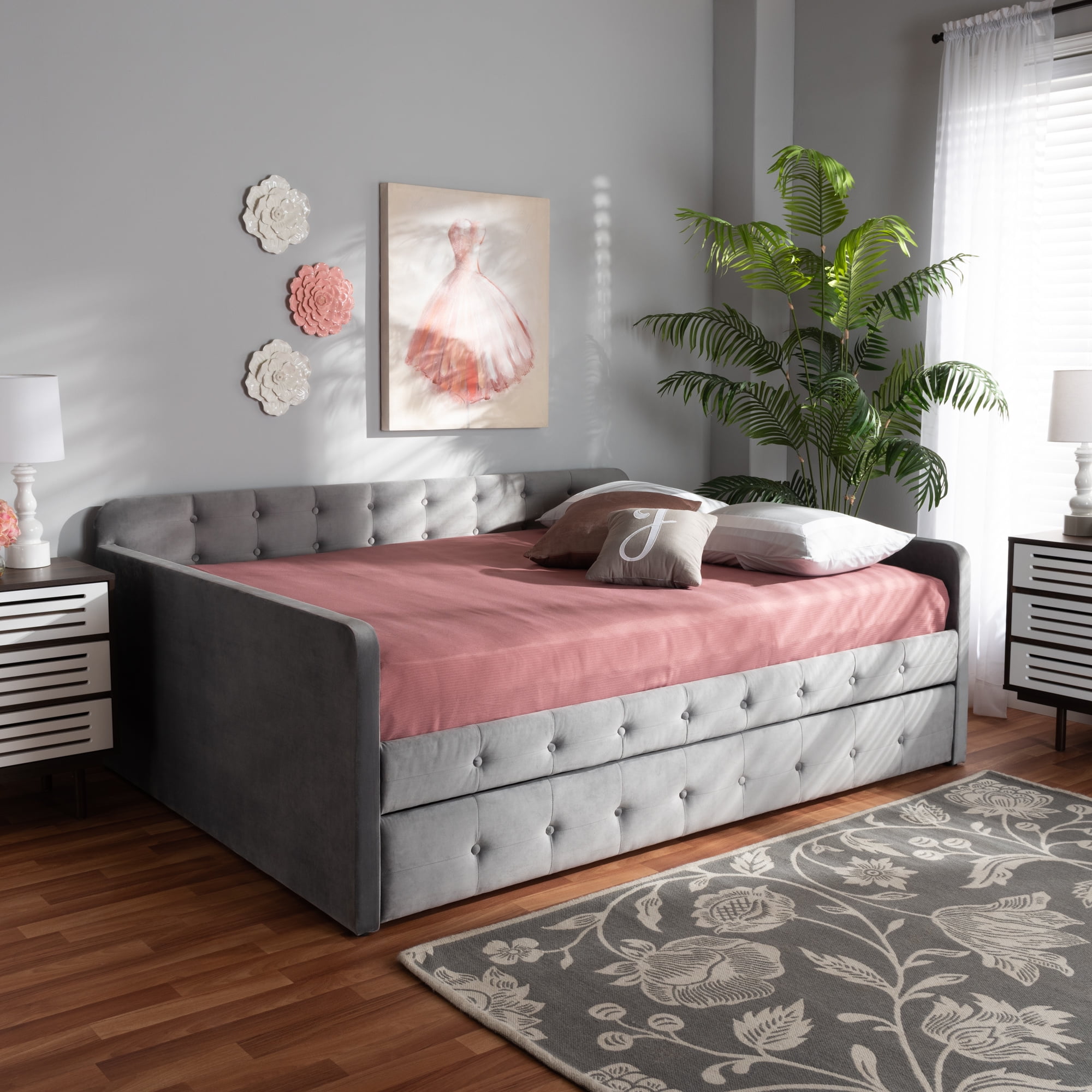 Baxton Studio Jona Modern Kids Daybed with Roll-out Trundle, Grey Velvet