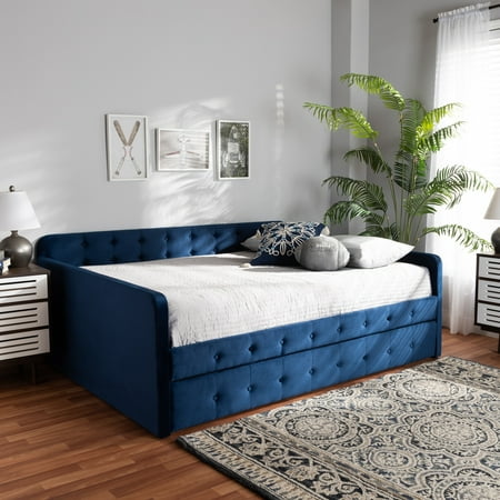 Baxton Studio Jona Modern and Contemporary Transitional Navy Blue Velvet Fabric Upholstered and Button Tufted Full Size Daybed with Trundle