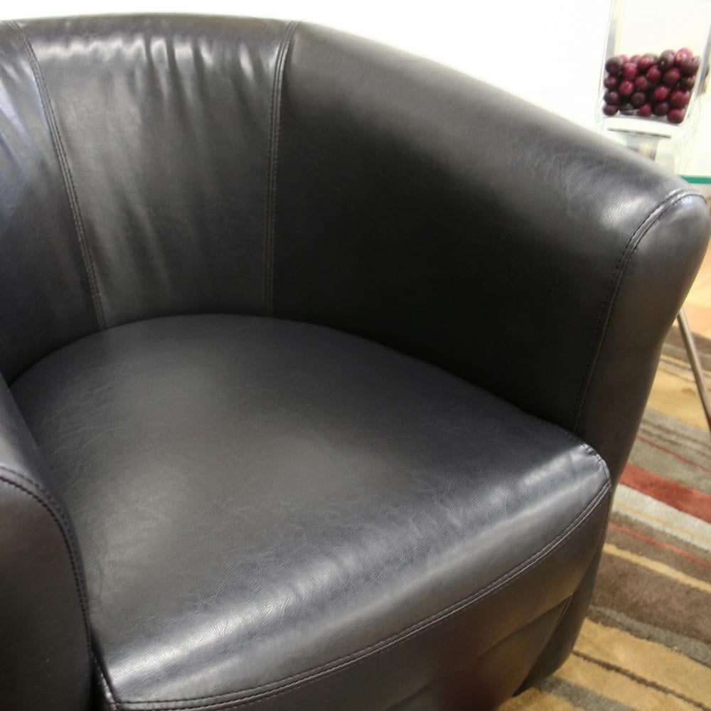 Swivel Barrel Accent Chair in Black Faux Leather with Wooden Frame