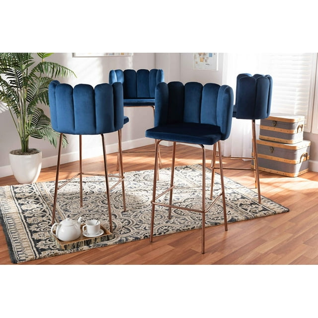 Baxton Studio Kaelin Luxe and Glam Navy Blue Velvet Fabric Upholstered and Rose Gold Finished 4-Piece Bar Stool Set