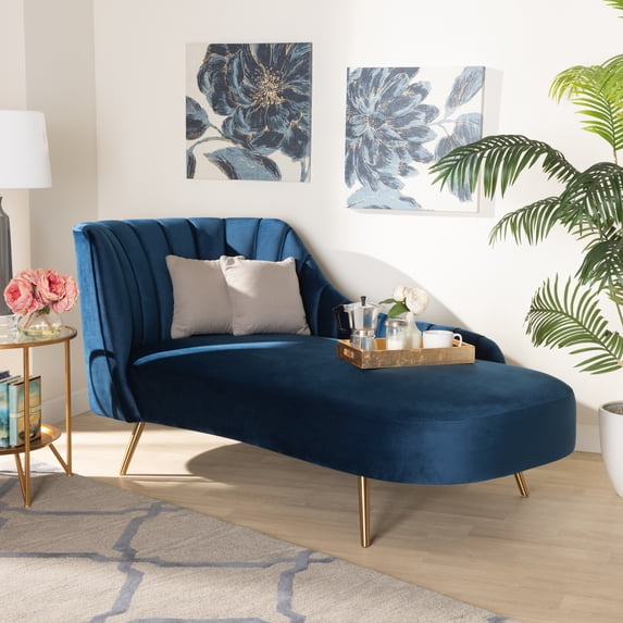 Baxton Studio Kailyn Glam and Luxe Navy Blue Velvet Fabric Upholstered and Gold Finished Chaise