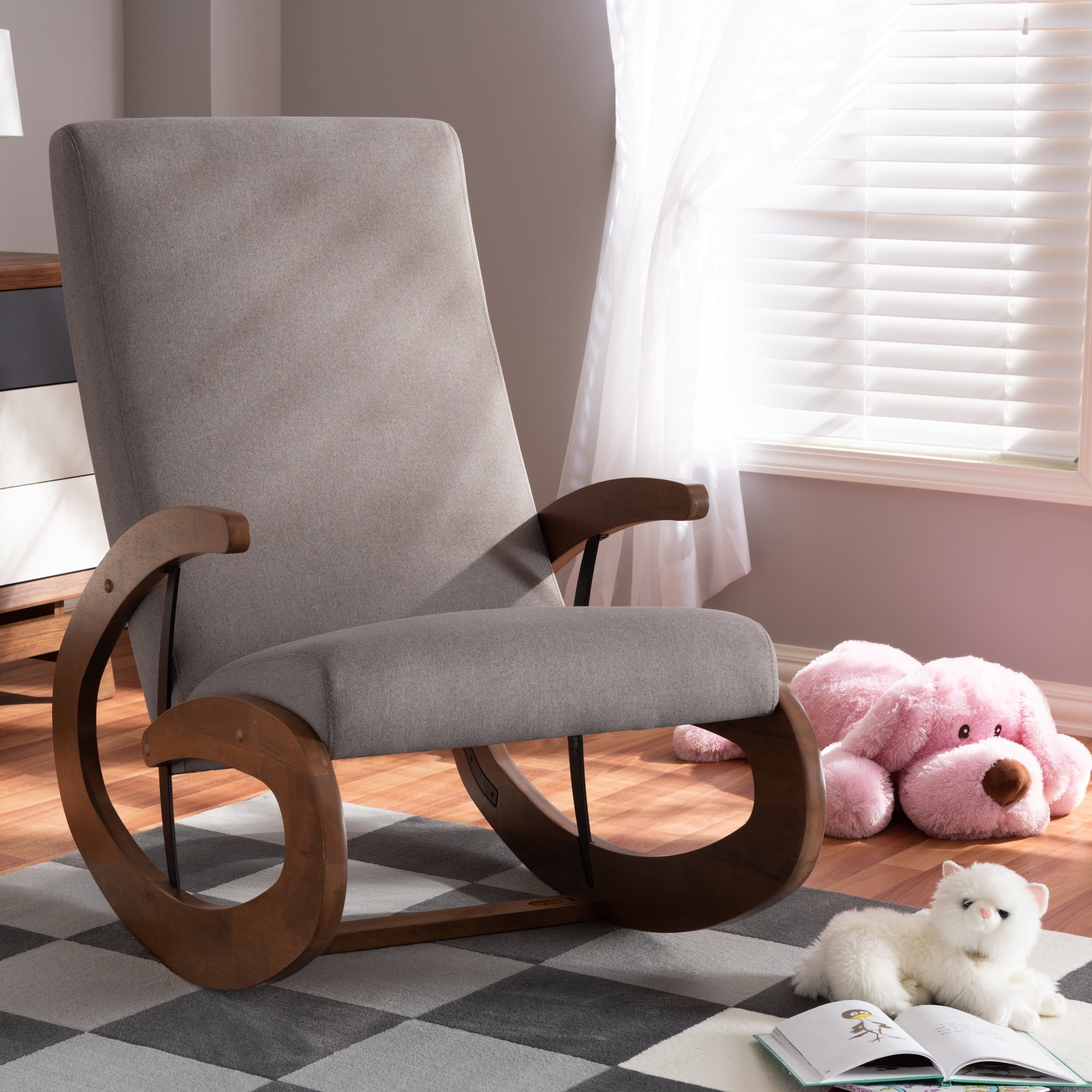 Baxton Studio Kaira Upholstered and Walnut-Finished Wood Rocking Chair ...