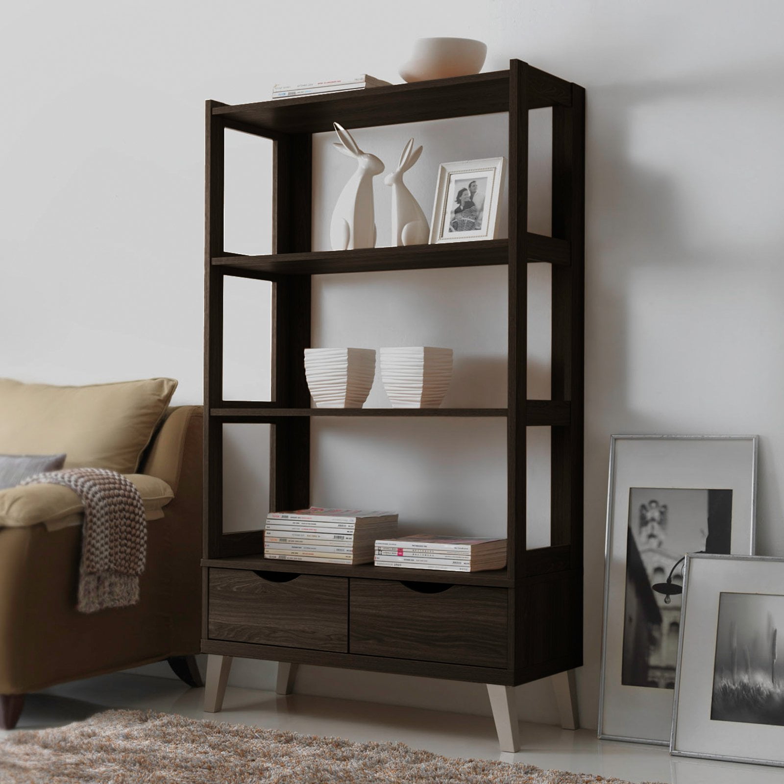 Kalien Dark Brown Wood Leaning Ladder Bookcase with Drawers