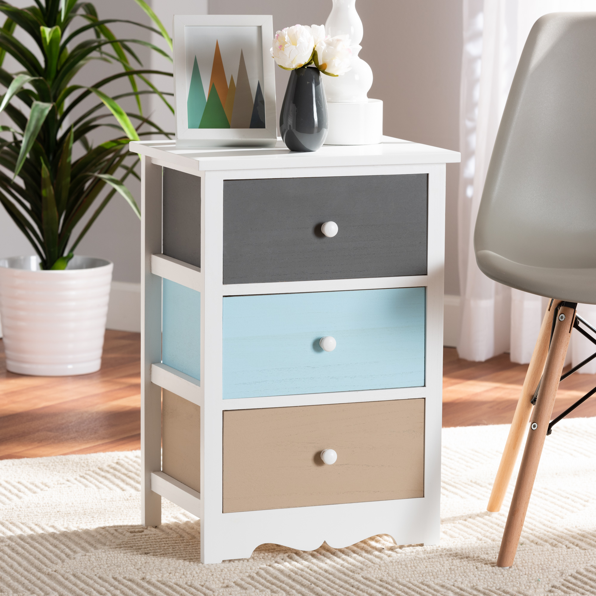 Baxton Studio Kalila Modern and Contemporary White and Multi-Colored Finished Wood 3-Drawer End Table