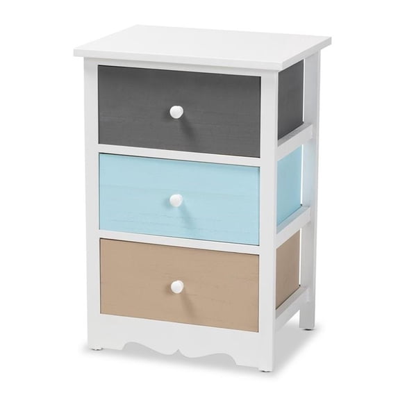 Baxton Studio Kalila Modern and Contemporary White and Multi-Colored Finished Wood 3-Drawer Nightstand,Wholesale