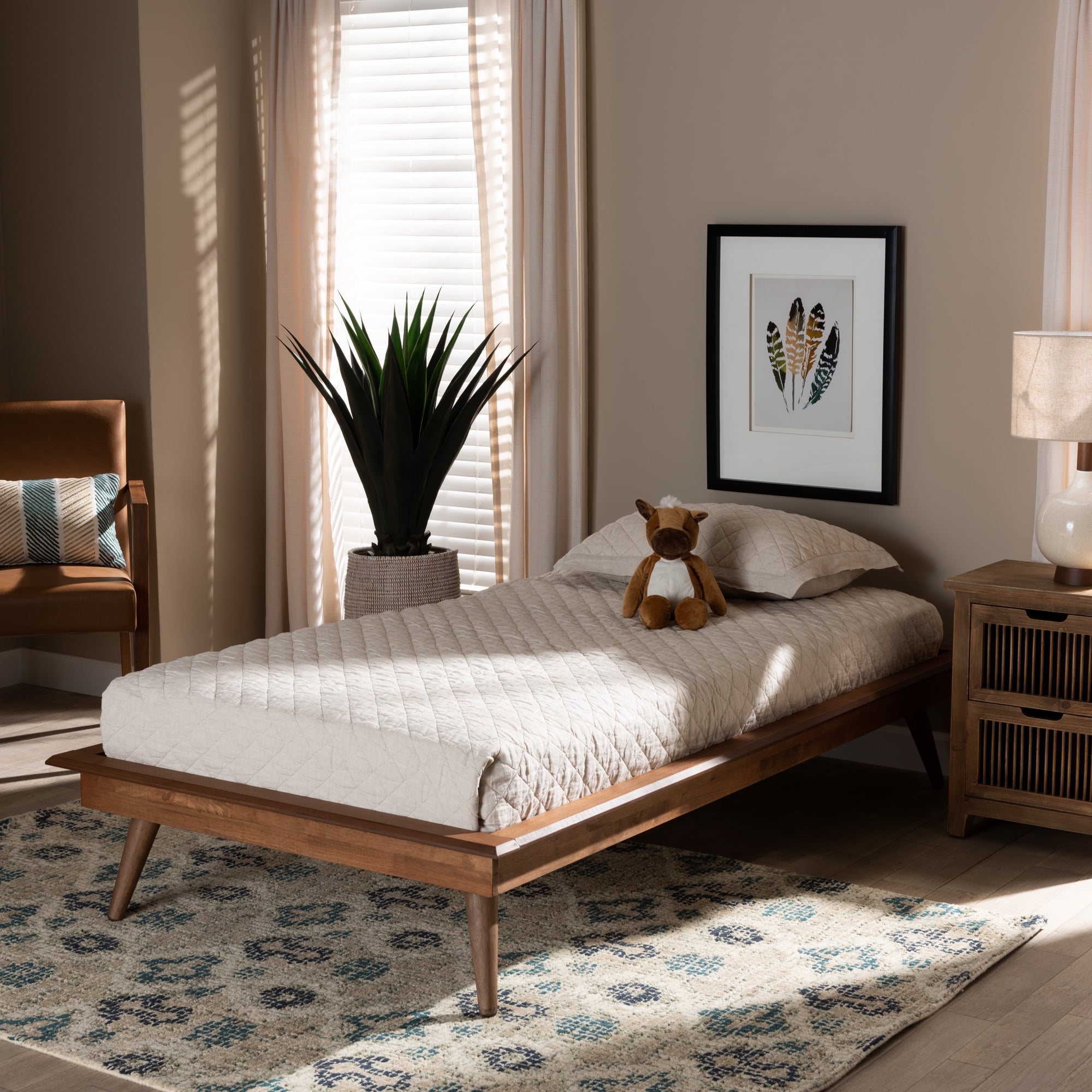 Baxton Studio Karine Wood Platform Bed Frame, Twin, Ash Walnut