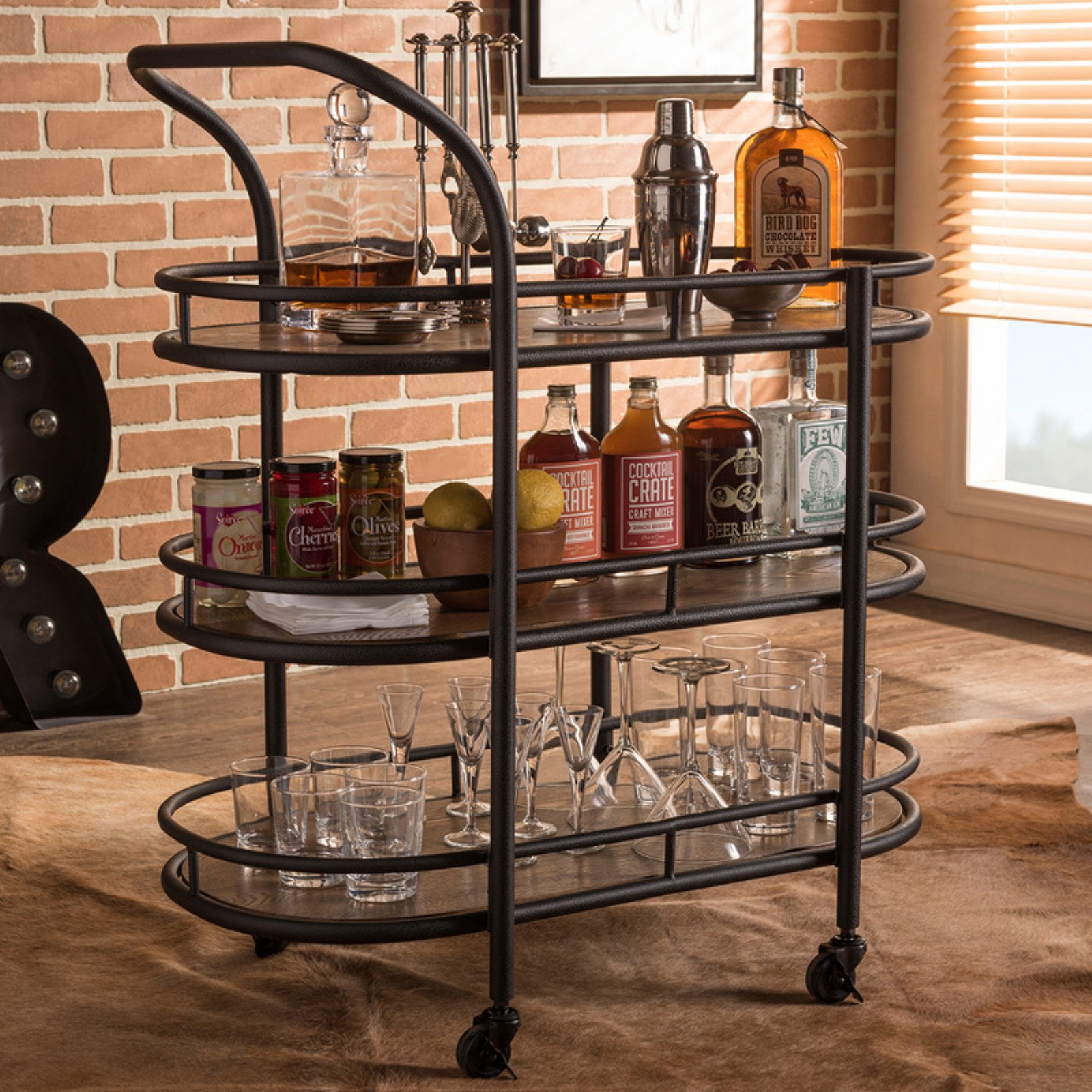 Karlin Antique Black Metal & Distressed Wood Mobile Wine Kitchen Cart