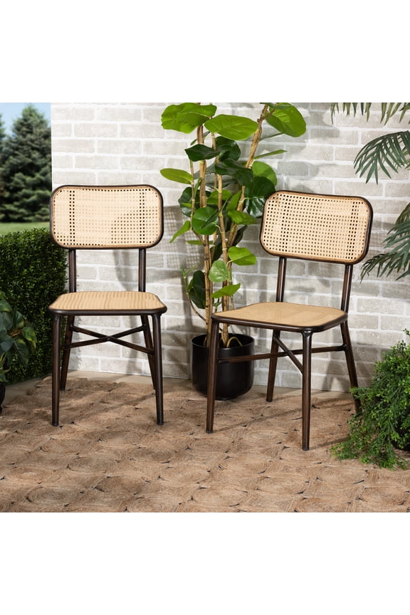 Katina Mid-Century Modern Dark Brown Finished Metal and Synthetic Rattan 2-Piece Outdoor Dining Chair Set