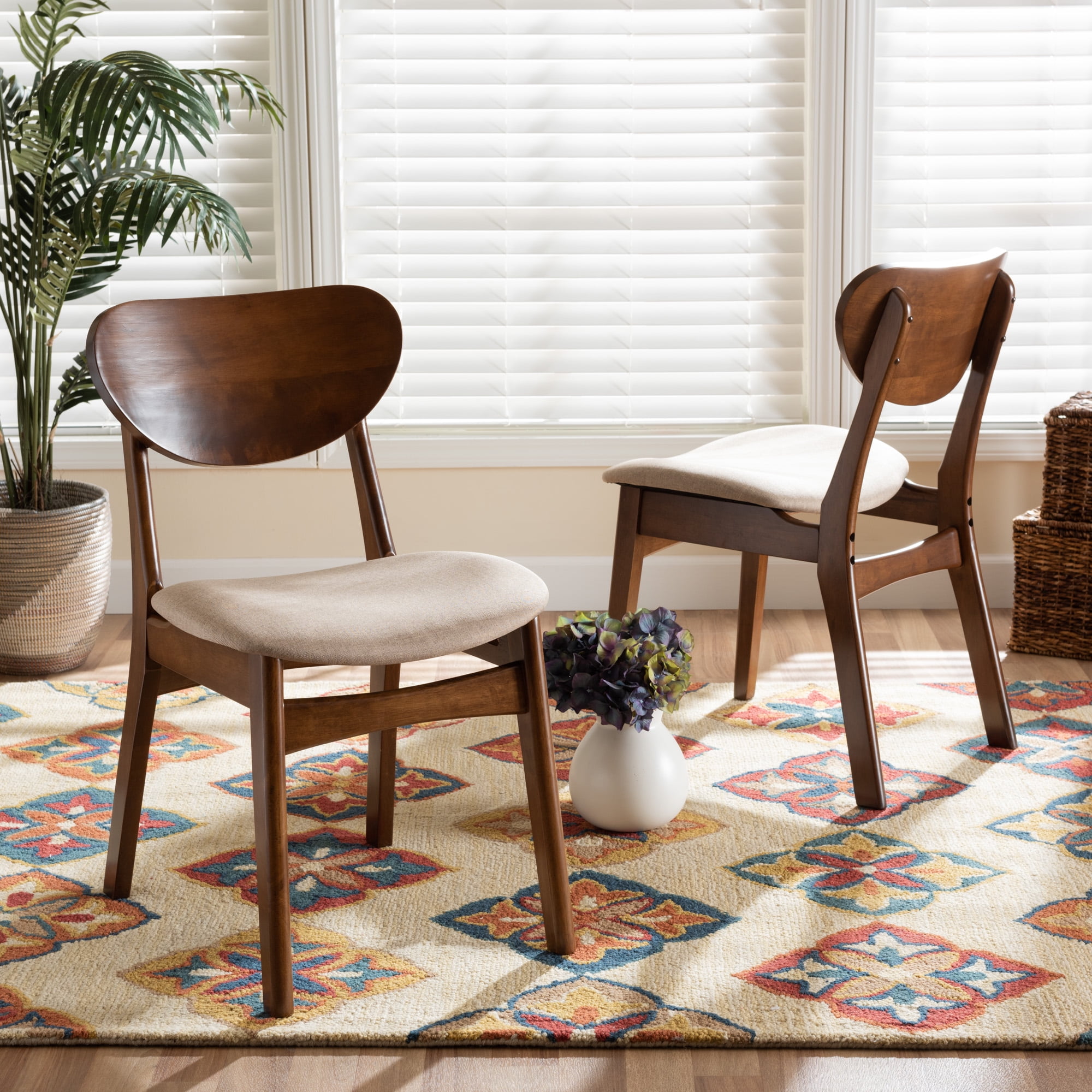 Baxton Studio Euclid Mid-Century Modern Sand Fabric Upholstered and Walnut Brown Finished Wood 5-Piece Dining Set