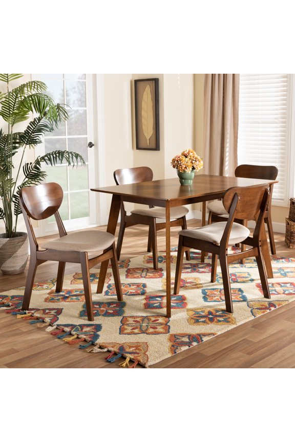 Katya Mid-Century Modern Sand Fabric Upholstered and Walnut Brown Finished Wood 5-Piece Dining Set