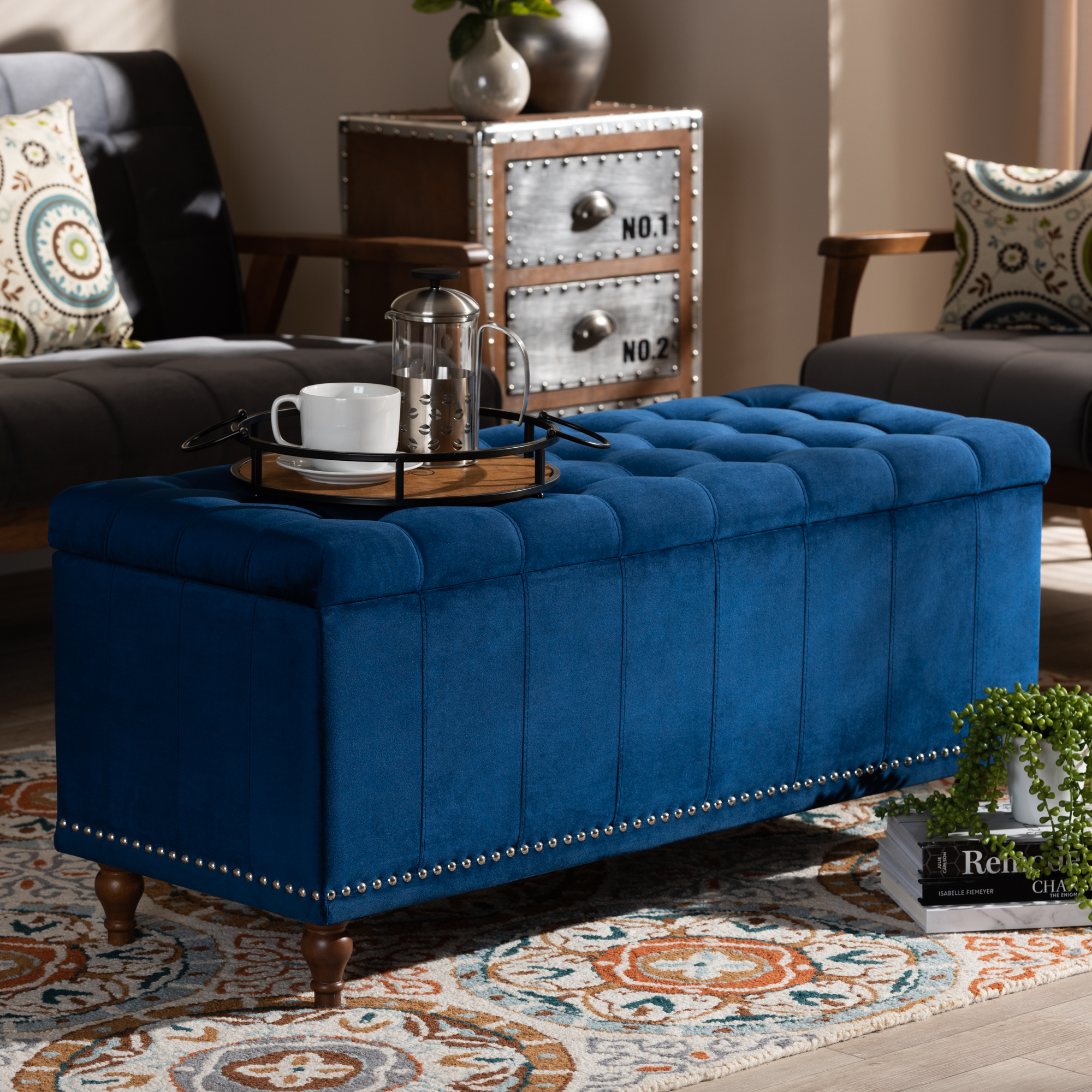 Baxton Studio Kaylee Modern and Contemporary Navy Blue Velvet Fabric Upholstered Button-Tufted Storage Ottoman Bench - image 1 of 11