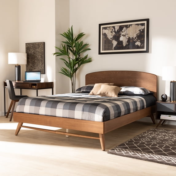 Baxton Studio Keagan Mid-Century Engineered Wood Back Support Platform Bed, Full, Walnut Brown
