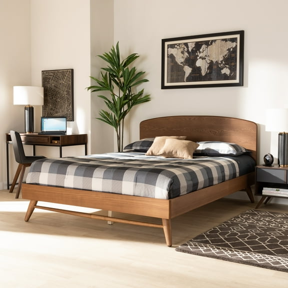 Baxton Studio Keagan Mid-Century Engineered Wood Back Support Platform Bed, Queen, Walnut Brown