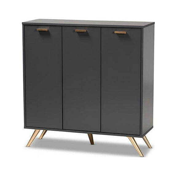 Baxton Studio Kelson Modern and Contemporary Dark Grey and Gold Finished Wood 3-Door Shoe Cabinet