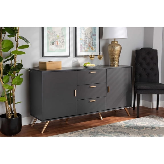 Baxton Studio Kelson Modern and Contemporary Dark Grey and Gold Finished Wood 2-Door Sideboard Buffet