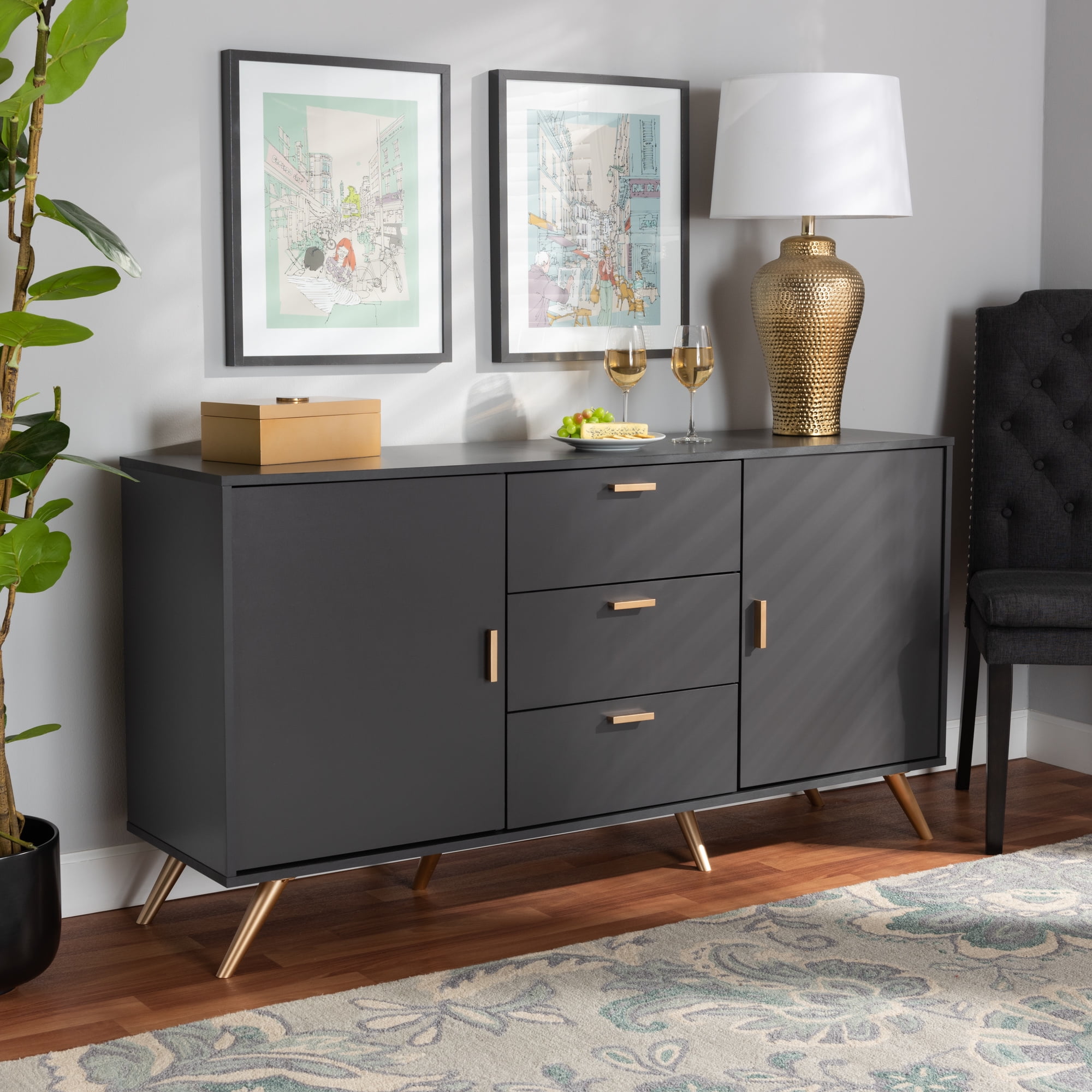 Modrest Gabrielle Contemporary Velvet & Veneer Buffet in Charcoal/Gold 