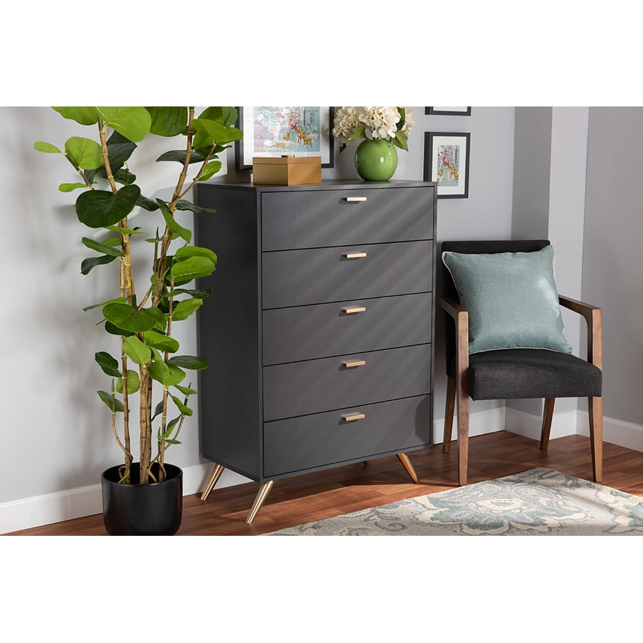 Kelson Dark Gray and Gold 5-Drawer Wood Chest