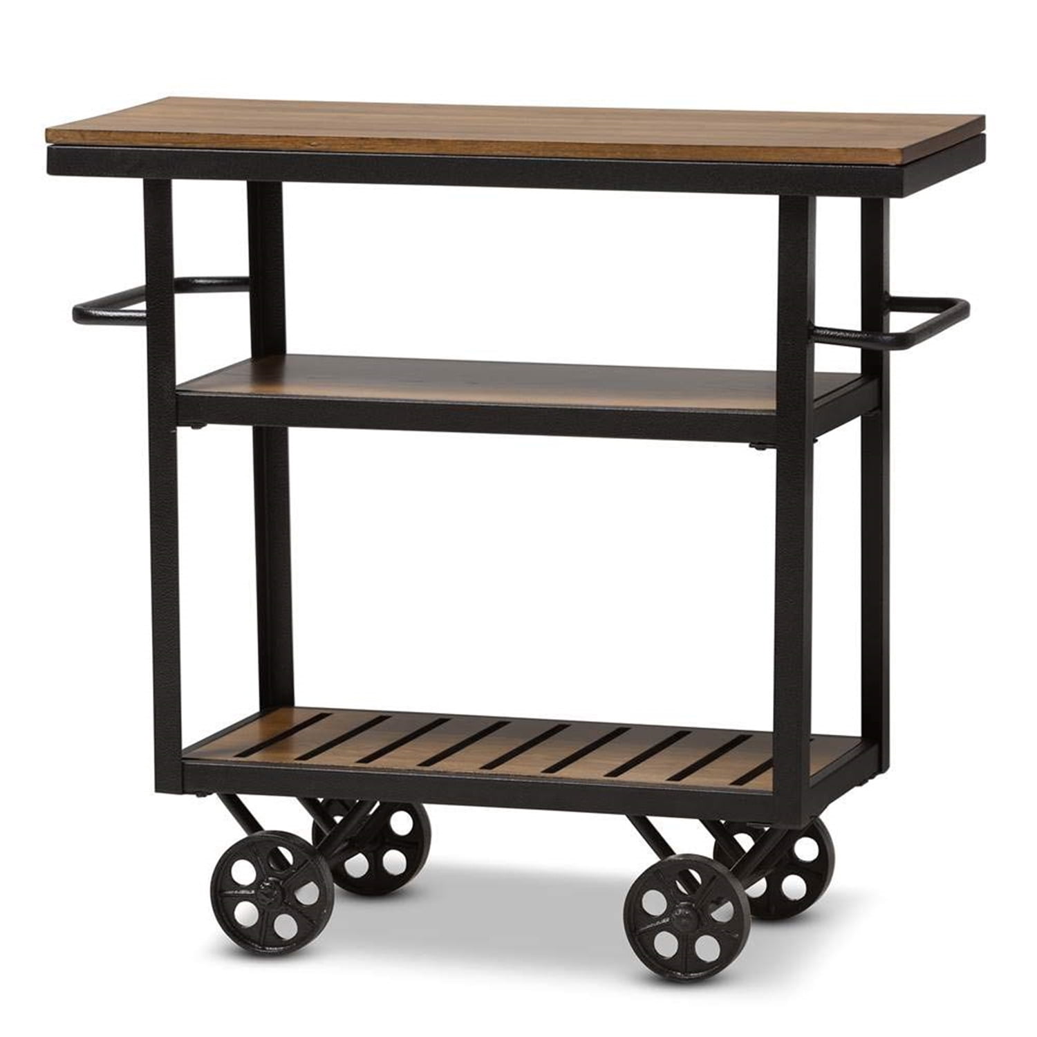 Antique Black & Distressed Oak Wood Mobile Bar Cart with Wine Rack