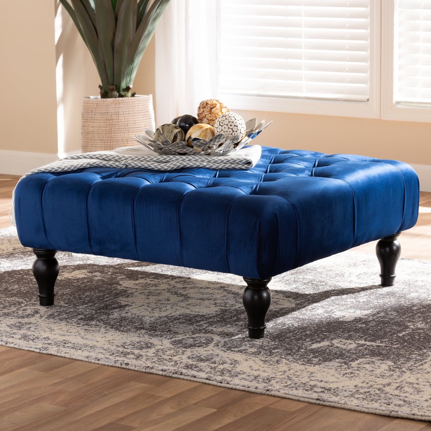 Keswick 36" Blue Velvet Tufted Ottoman with Eucalyptus Wood Base