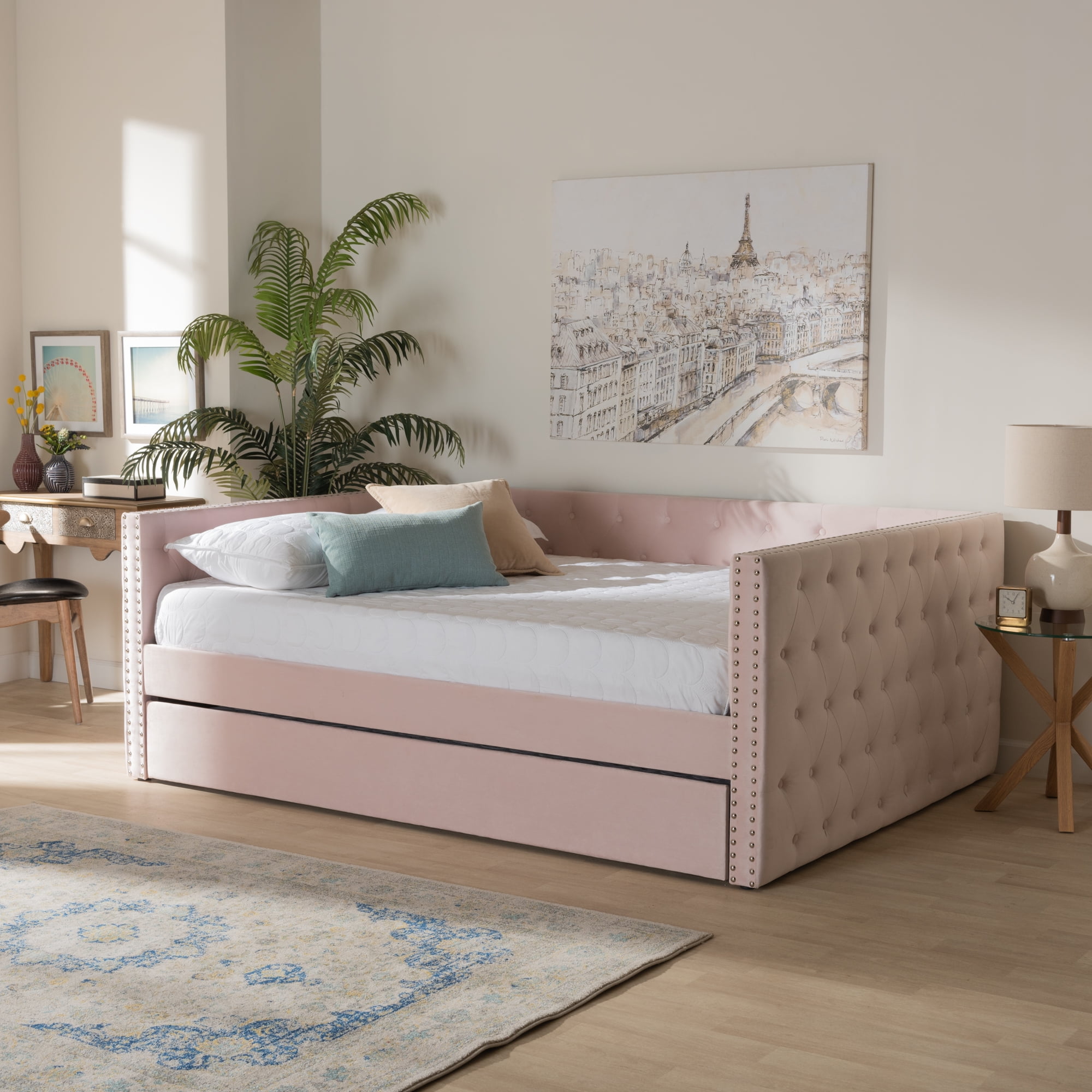 Baxton Studio Kids Medium Density Fiberboard Full Daybed with Pull Out Trundle, Pink