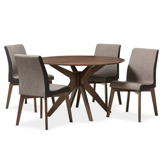 Baxton Studio Kimberly 5 Piece Round Dining Set in Gravel and Walnut