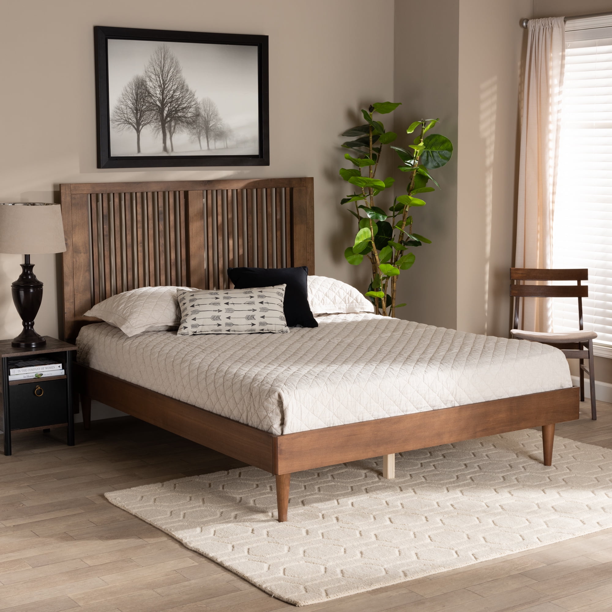 Baxton Studio Kioshi Mid-Century Wood Platform Bed, Queen, Ash Walnut