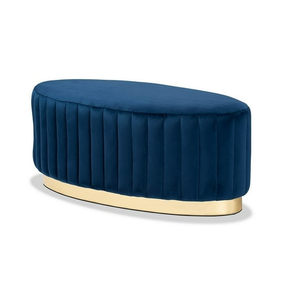 Baxton Studio Kirana Glam and Luxe Navy Blue Velvet Fabric Upholstered and Gold PU Leather Ottoman
