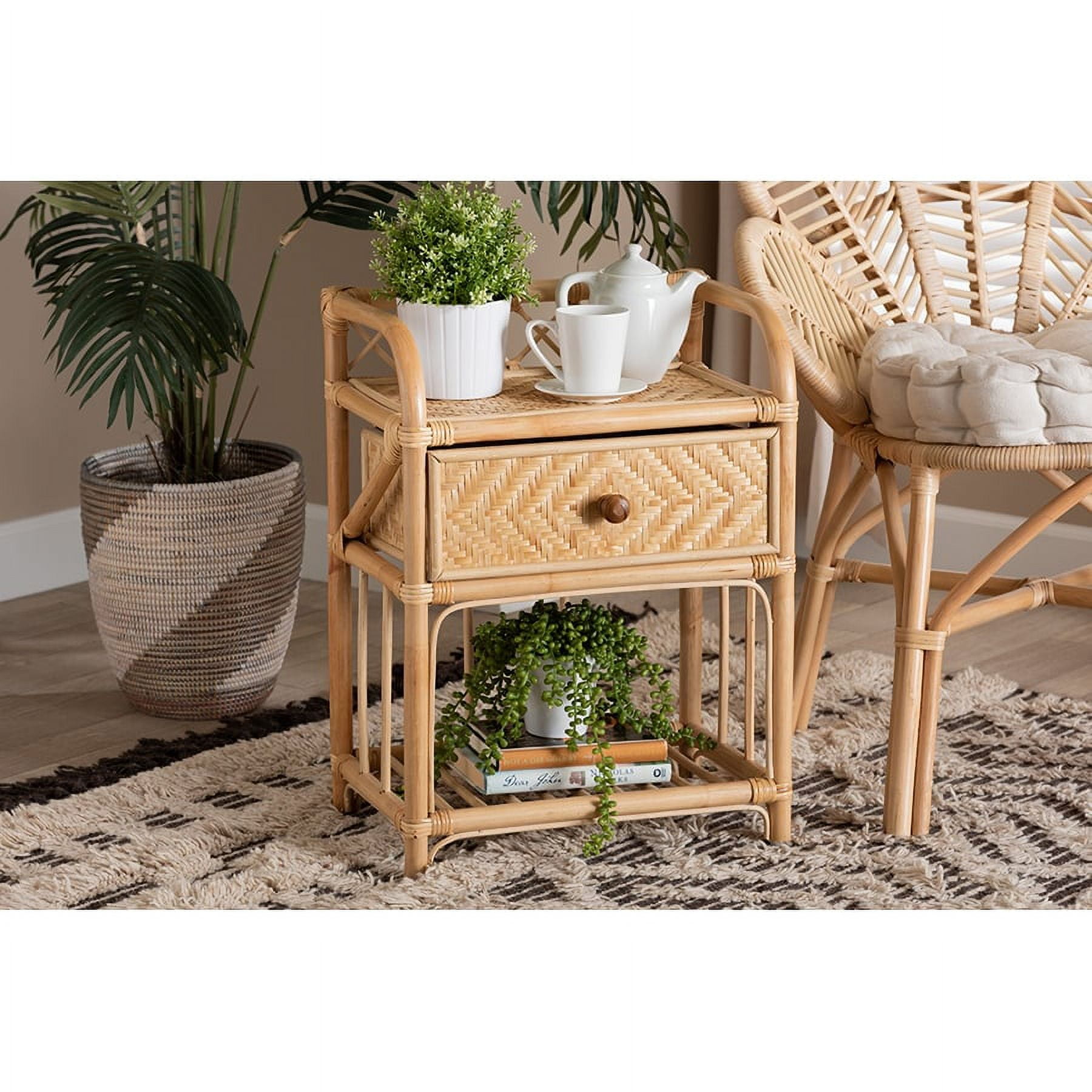 Natural Brown Rattan 1-Drawer Bohemian Night Table