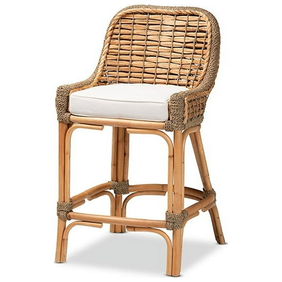 Baxton Studio Kyle Modern Bohemian Natural Brown Woven Rattan Counter Stool with Cushion