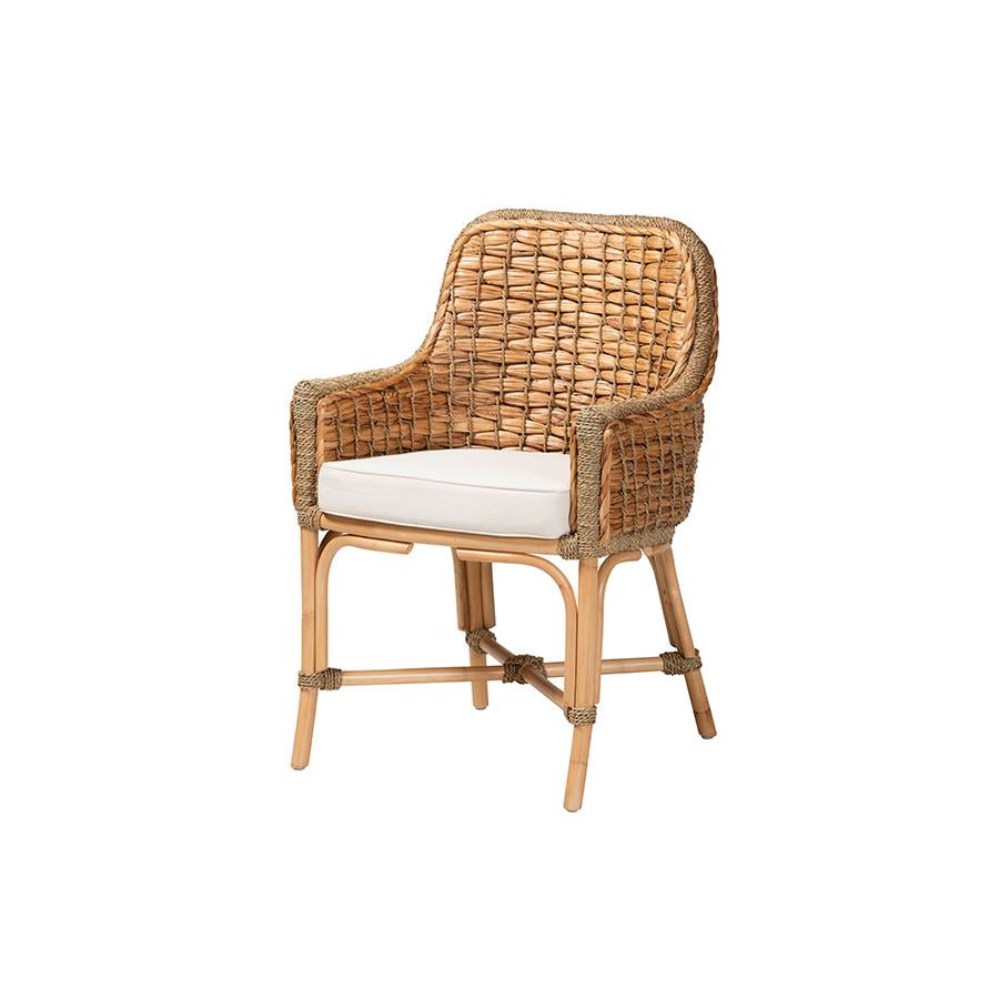Low White and Brown Rattan Cane Arm Chair