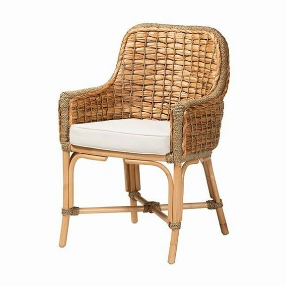 Baxton Studio Kyle Natural Brown Woven Rattan Dining Arm Chair with Cushion