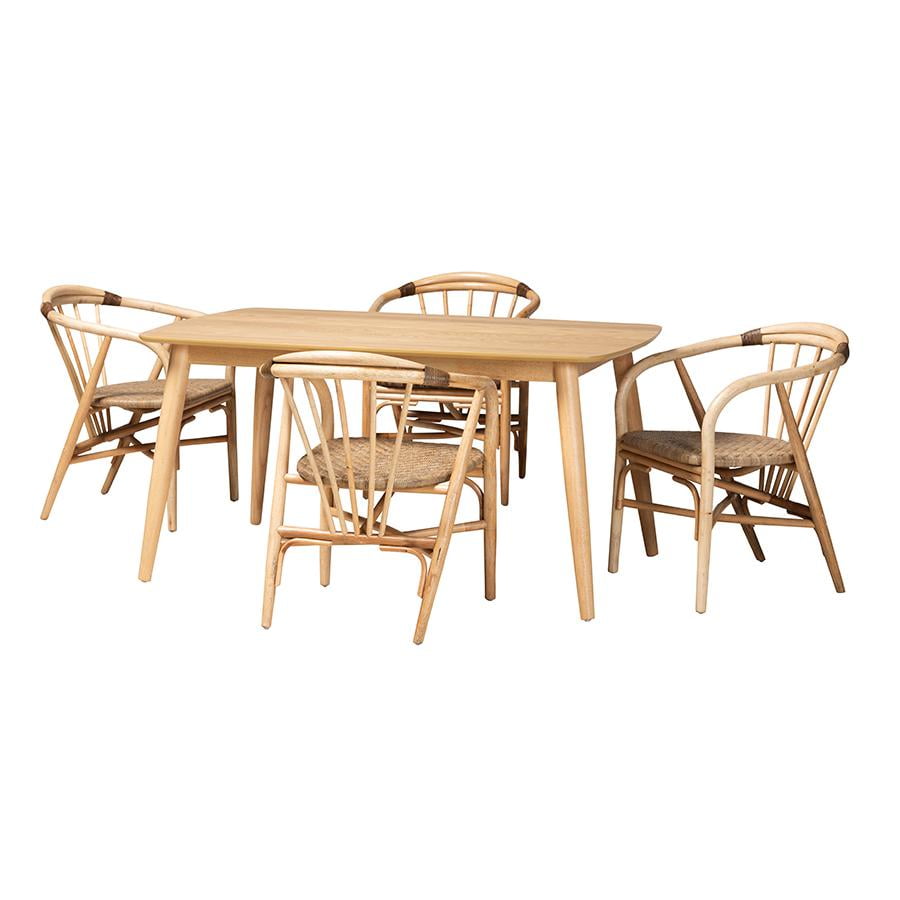 Kyoto Natural Brown Wood and Rattan 5-Piece Dining Set with Handcrafted Chairs
