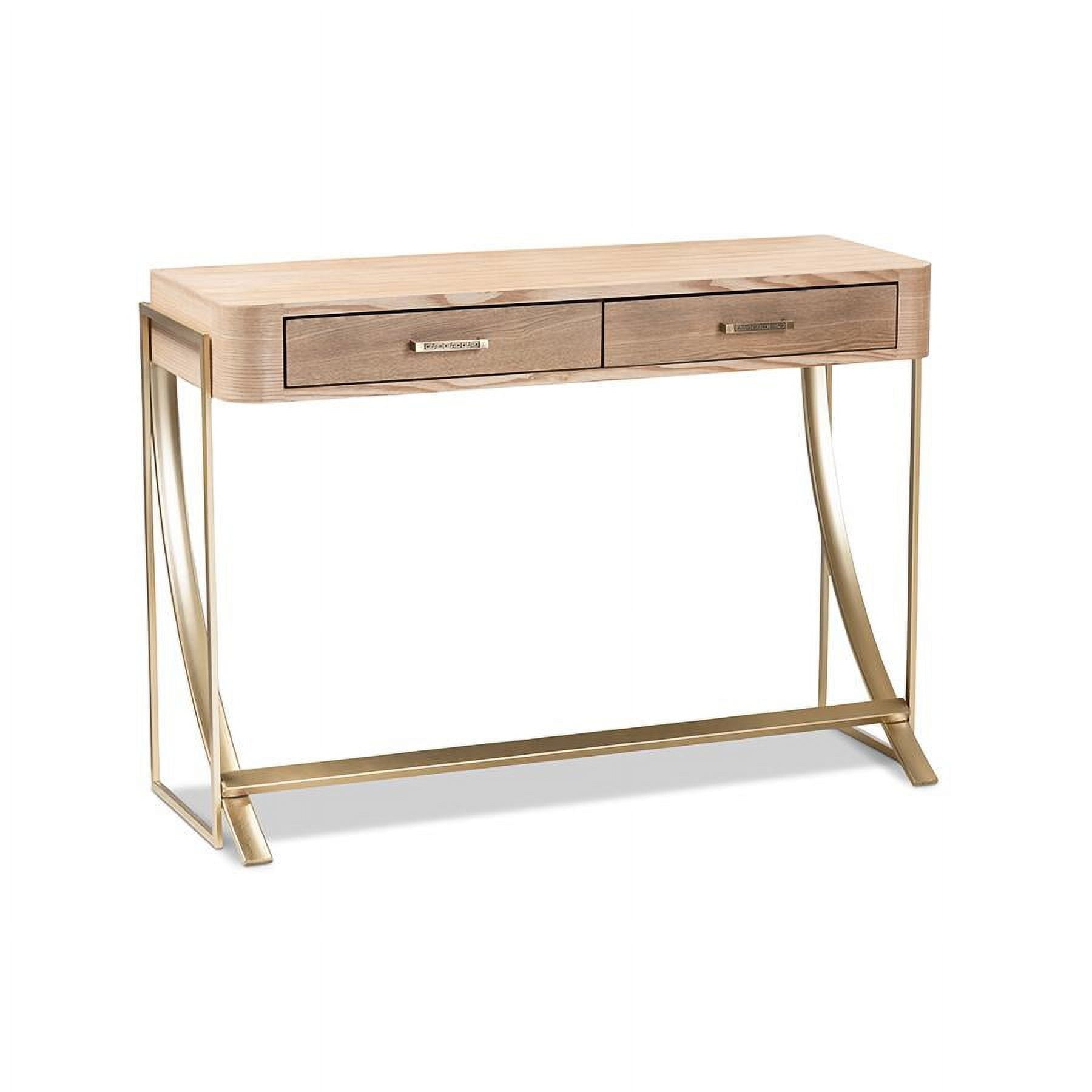 Light Brown and Gold Wood Metal Hallway Table with Storage