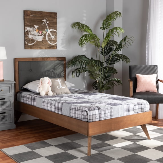 Baxton Studio Laima Mid-Century Modern Dark Grey Fabric Upholstered and Walnut Brown Finished Wood Twin Size Platform Bed