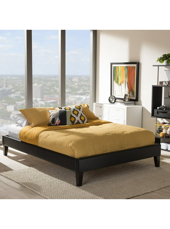 Baxton Studio Lancashire Modern and Contemporary Black Faux Leather Upholstered Full Bed Frame with Tapered Legs