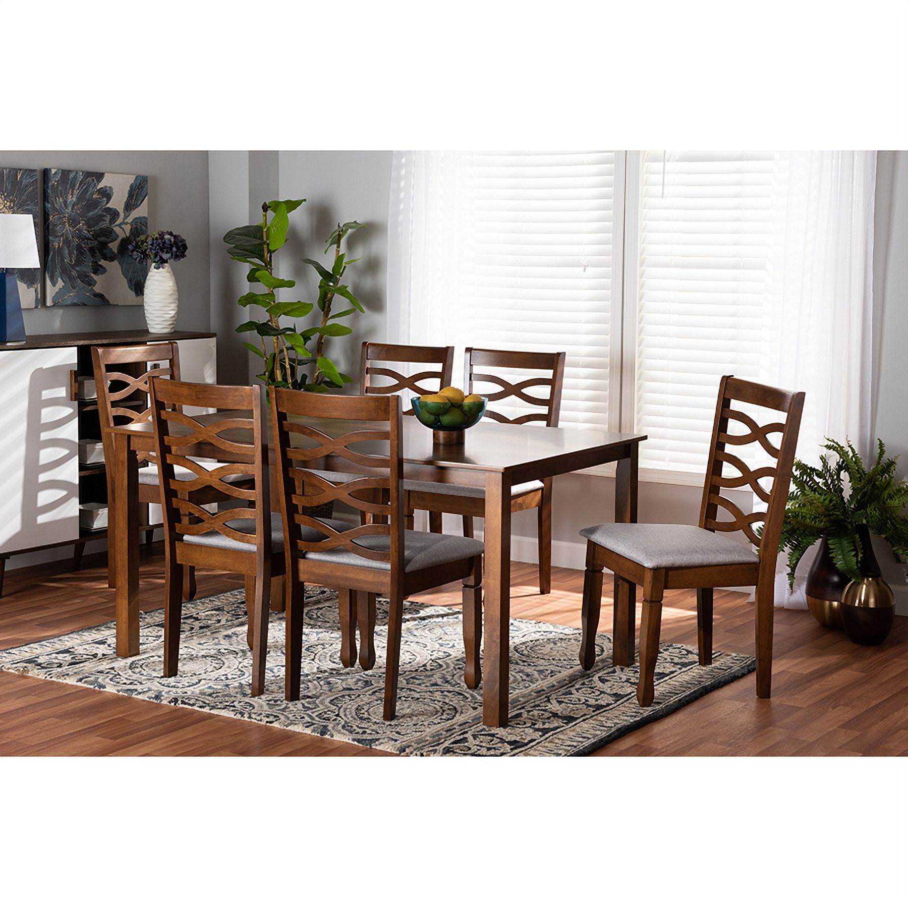 Lanier Walnut Brown and Gray Fabric 7-Piece Dining Set