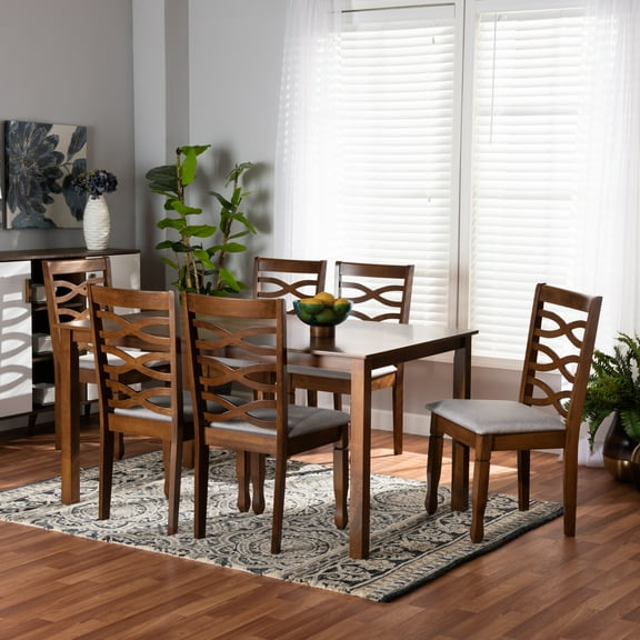 Baxton Studio Lanier Modern and Contemporary Grey Fabric Upholstered and Walnut Brown Finished Wood 7-Piece Dining Set