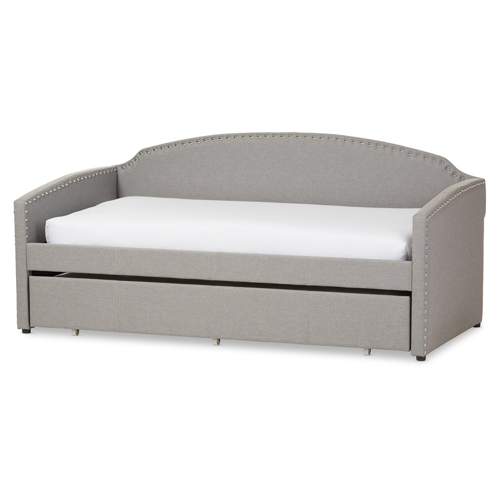 Gray Twin Linen Nailhead Trim Sleeper Daybed with Trundle