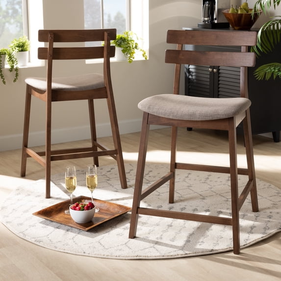 Baxton Studio Larine Modern and Contemporary Light Gray Fabric Upholstered Walnut Finished 2-Piece Wood Counter Stool Set Set