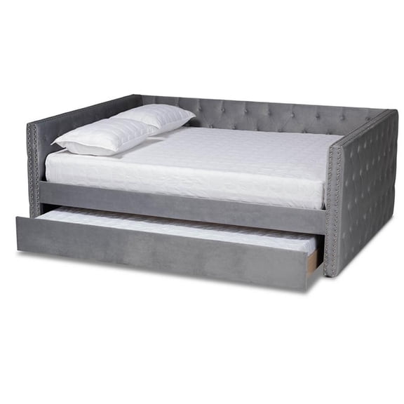 Baxton Studio Larkin Modern and Contemporary Grey Velvet Fabric Upholstered Queen Size Daybed with Trundle